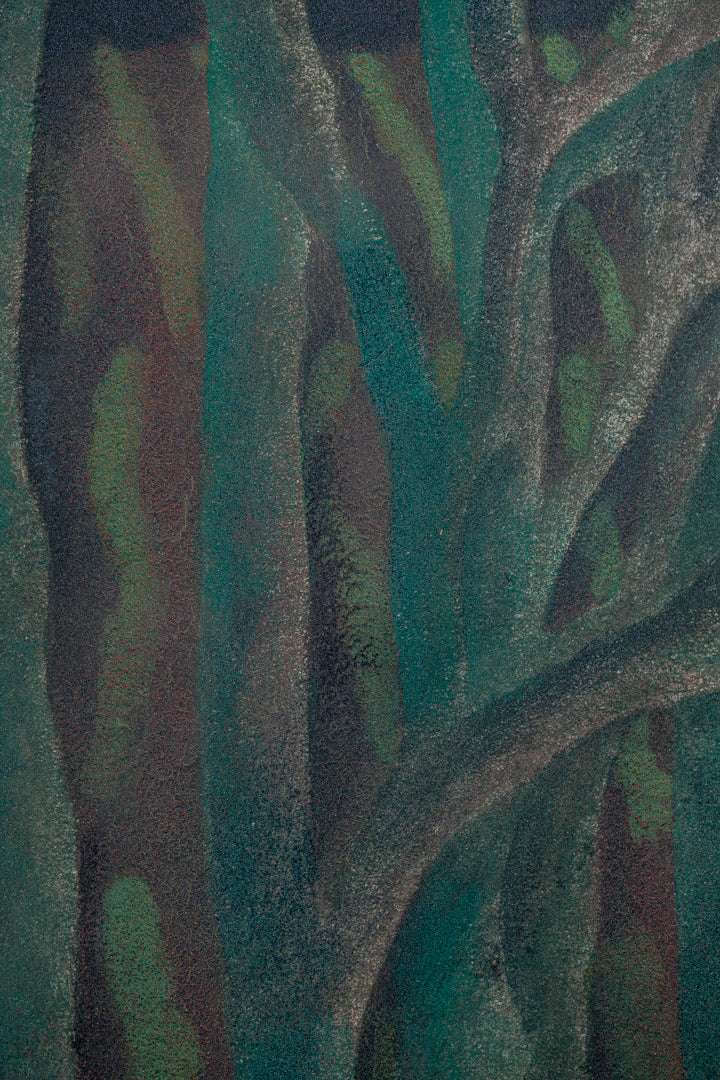 alt="Close-up detail of Akeru Oka (The Hill at Dawn) painting showing the fields, grove, and morning sky by Tatsuo Takayama in Nihonga style"
