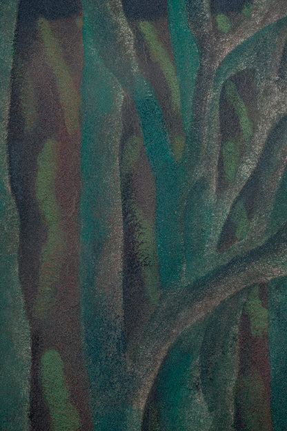 alt="Close-up detail of Akeru Oka (The Hill at Dawn) painting showing the fields, grove, and morning sky by Tatsuo Takayama in Nihonga style"
