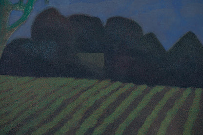 alt="Close-up detail of Akeru Oka (The Hill at Dawn) painting showing the fields, grove, and morning sky by Tatsuo Takayama in Nihonga style"
