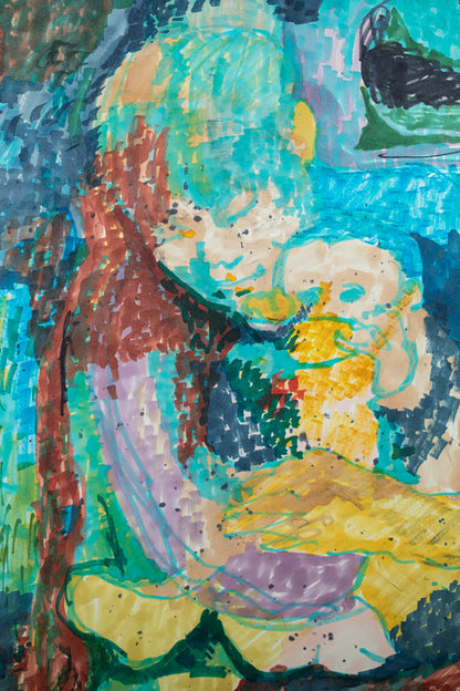 alt="Close-up detail of Dakareru (The Embrace) painting showing the mother’s serene smile and protective embrace of her child by Tatsuo Takayama"
