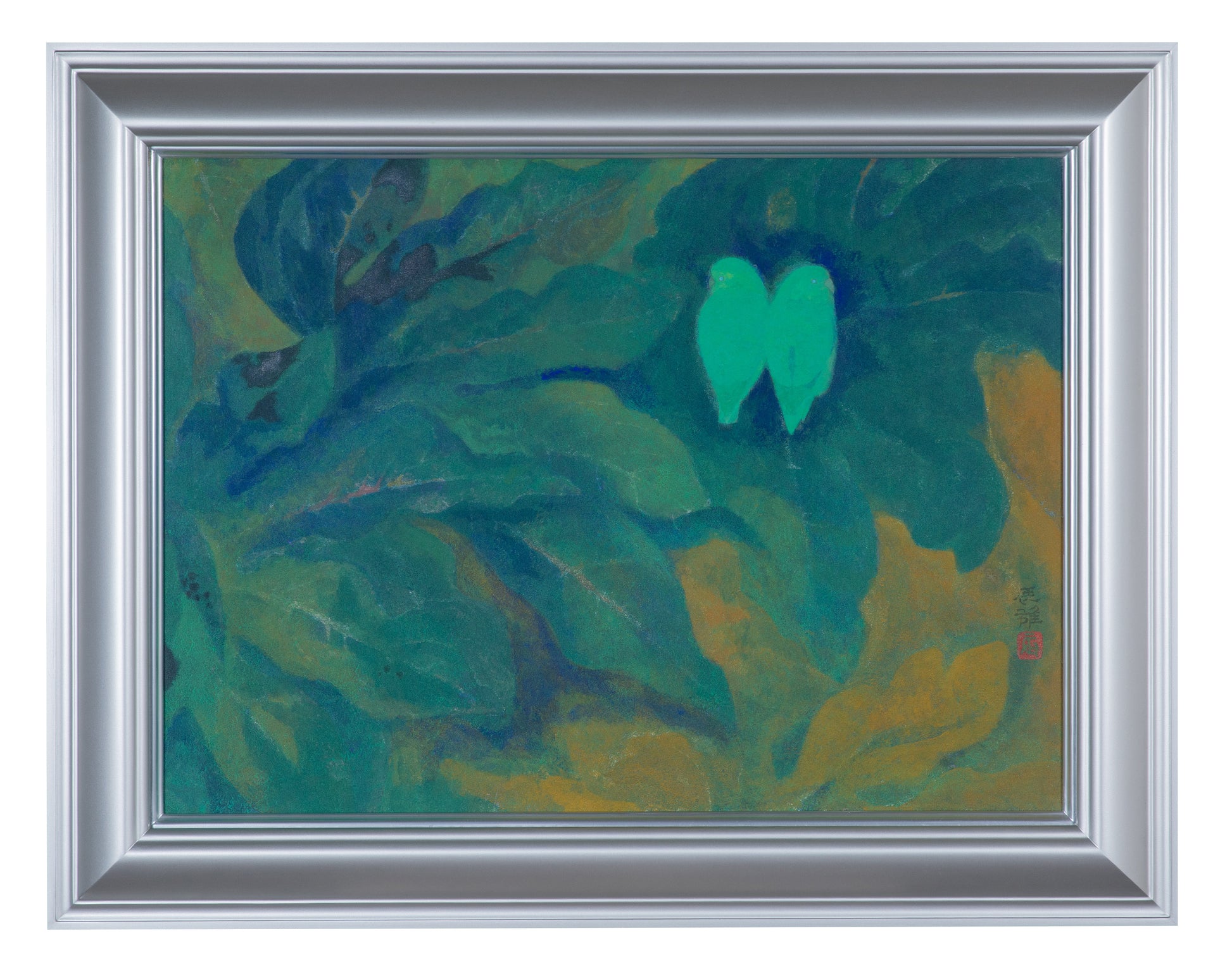 alt="Framed Inko (The Parakeets) painting by Tatsuo Takayama in Nihonga style"

