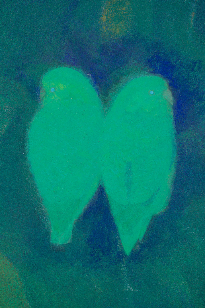alt="Close-up detail of Inko (The Parakeets) painting showing the vivid green parakeets and colorful leaves by Tatsuo Takayama in Nihonga style"
