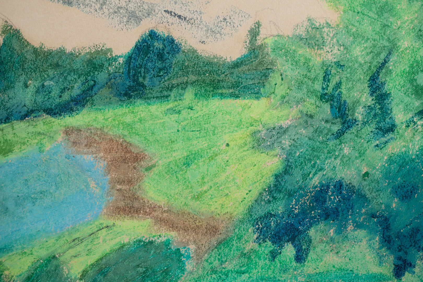 alt="Close-up detail of Kougai Fuukei (The Suburban Landscape) pastel drawing showing the lakeside path and soft mountain contours by Tatsuo Takayama"

