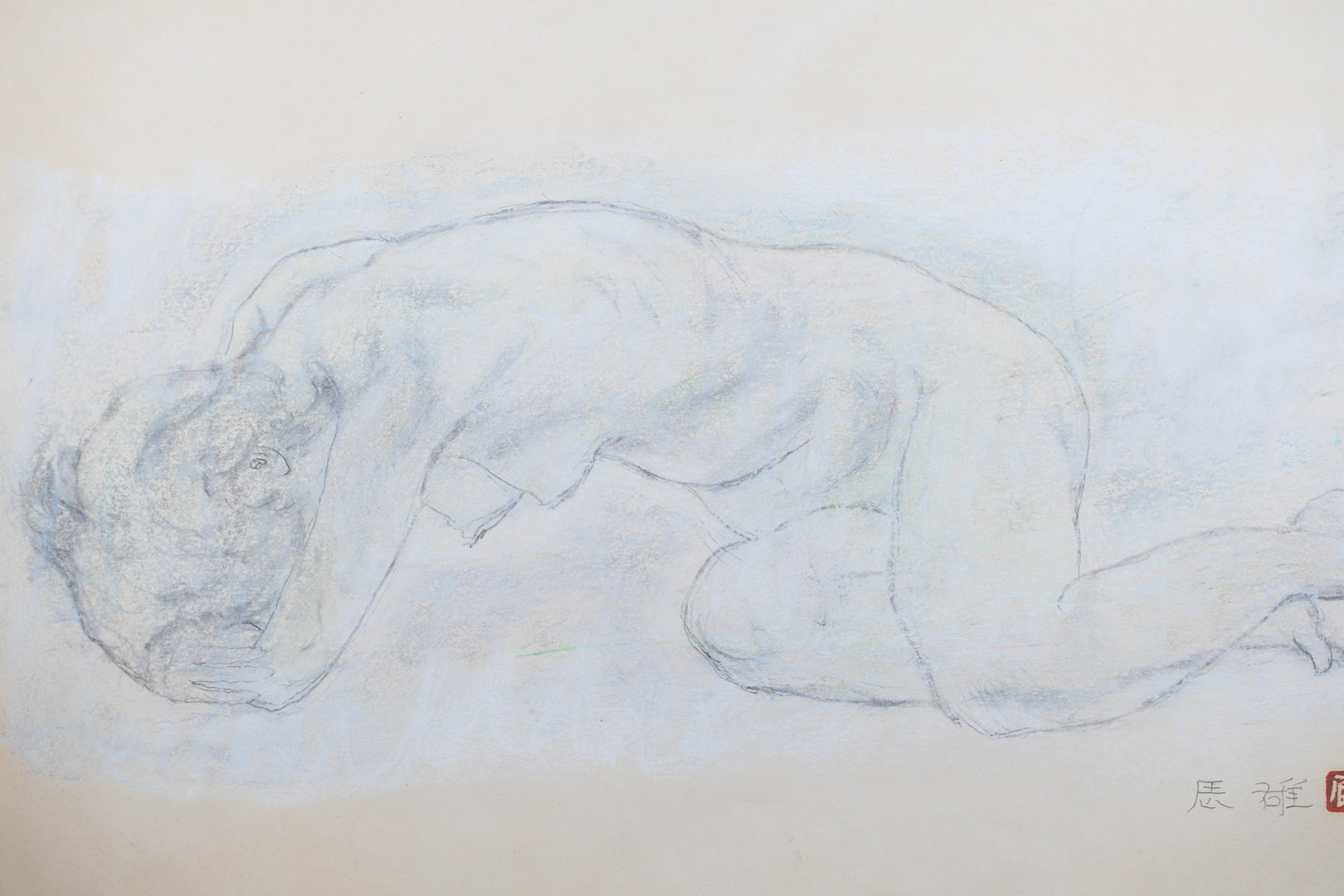 alt="Close-up detail of Rafu Sobyou (Nude – Drawing) showing the soft shading and subtle blue highlights around the figure by Tatsuo Takayama"
