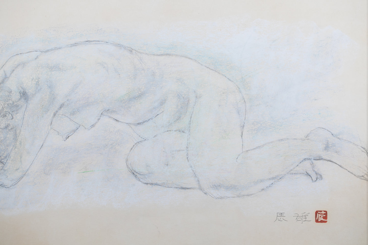 alt="Close-up detail of Rafu Sobyou (Nude – Drawing) showing the soft shading and subtle blue highlights around the figure by Tatsuo Takayama"
