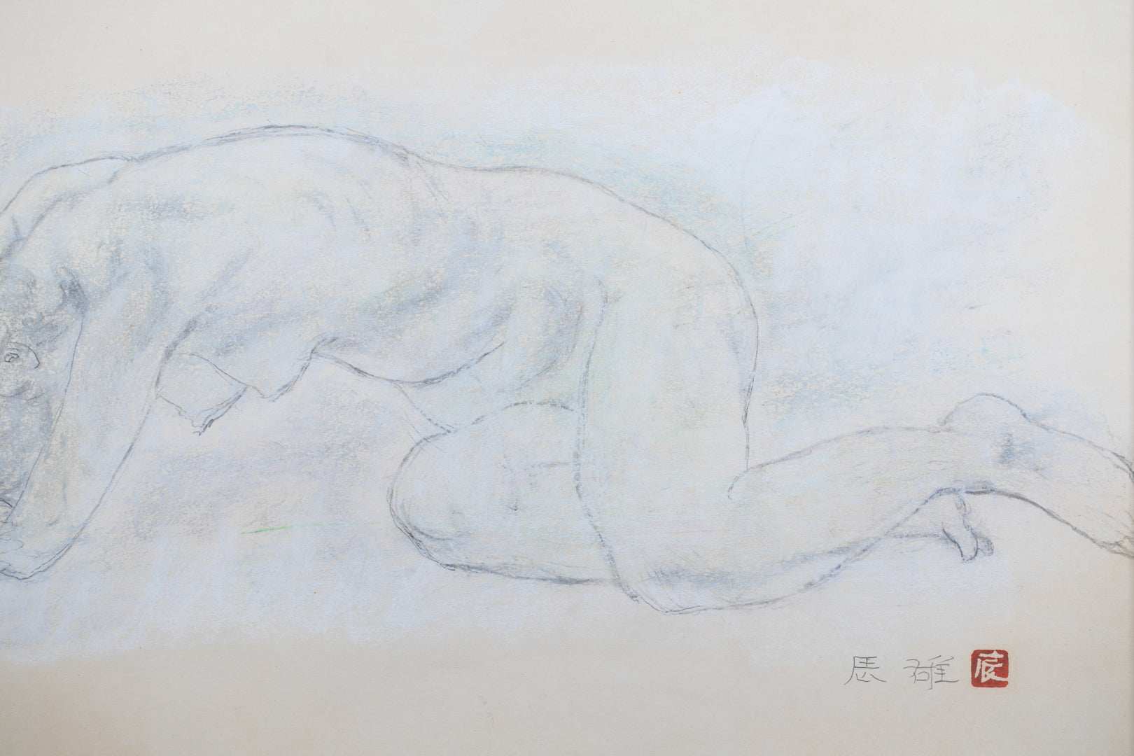 alt="Close-up detail of Rafu Sobyou (Nude – Drawing) showing the soft shading and subtle blue highlights around the figure by Tatsuo Takayama"
