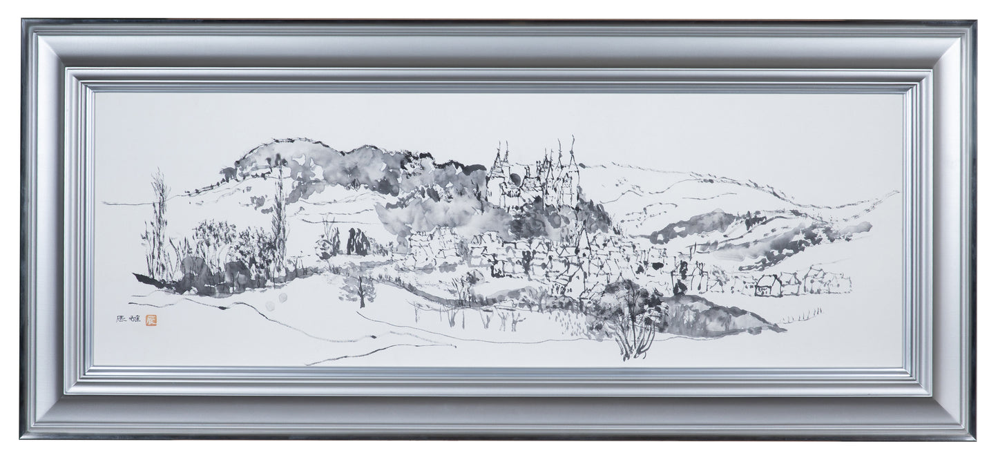 alt="Framed Shiro no Aru Oka (The Hill with a Castle) painting by Tatsuo Takayama in Nihonga style"
