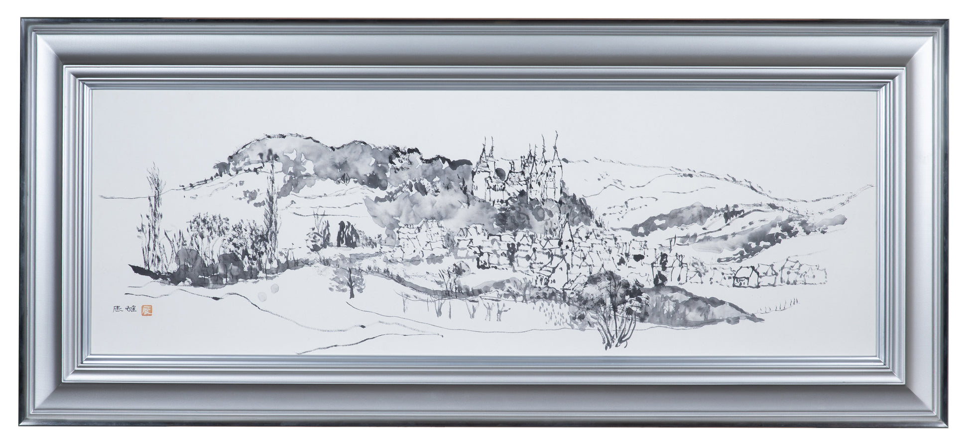 alt="Framed Shiro no Aru Oka (The Hill with a Castle) painting by Tatsuo Takayama in Nihonga style"
