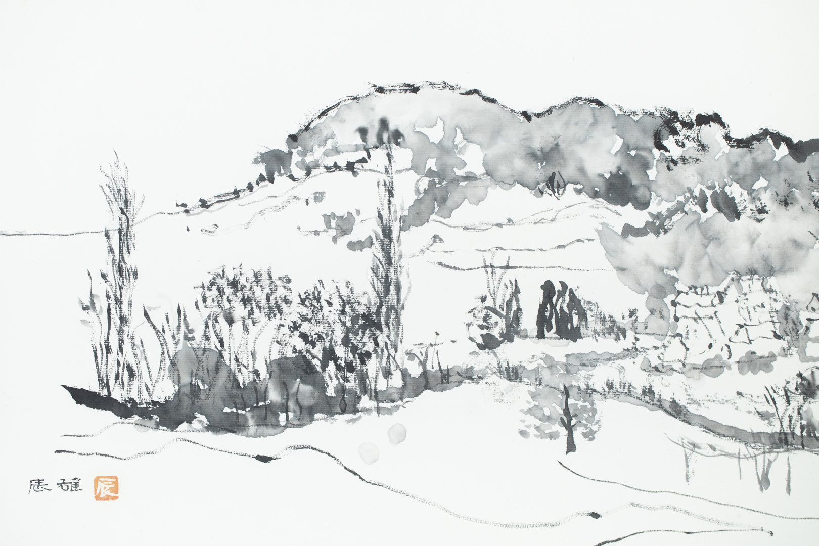 alt="Close-up detail of Shiro no Aru Oka (The Hill with a Castle) painting showing the winding road, castle, and village rendered in ink by Tatsuo Takayama in Nihonga style"
