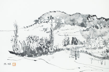 alt="Close-up detail of Shiro no Aru Oka (The Hill with a Castle) painting showing the winding road, castle, and village rendered in ink by Tatsuo Takayama in Nihonga style"
