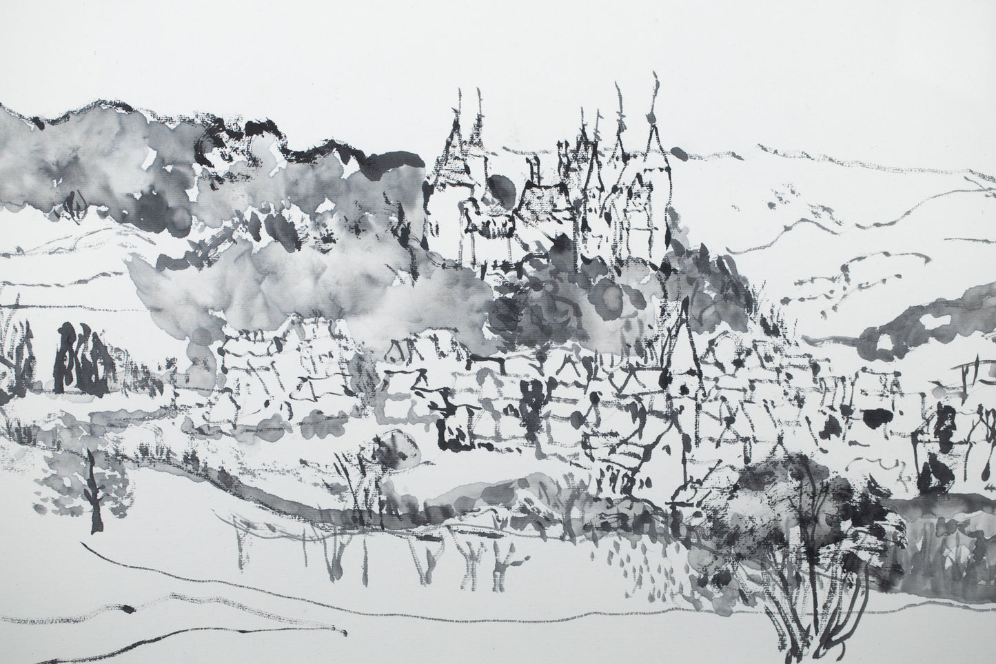 alt="Close-up detail of Shiro no Aru Oka (The Hill with a Castle) painting showing the winding road, castle, and village rendered in ink by Tatsuo Takayama in Nihonga style"

