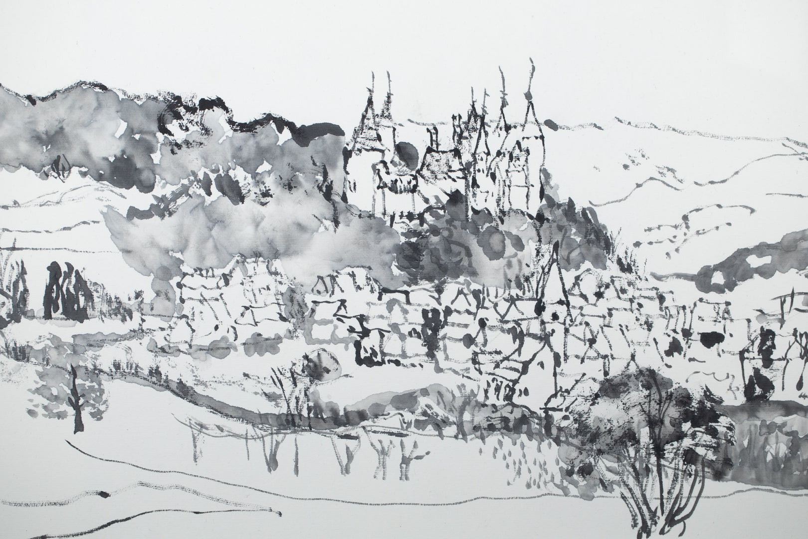 alt="Close-up detail of Shiro no Aru Oka (The Hill with a Castle) painting showing the winding road, castle, and village rendered in ink by Tatsuo Takayama in Nihonga style"
