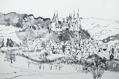 alt="Close-up detail of Shiro no Aru Oka (The Hill with a Castle) painting showing the winding road, castle, and village rendered in ink by Tatsuo Takayama in Nihonga style"
