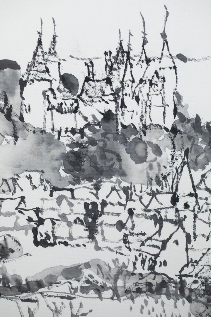 alt="Close-up detail of Shiro no Aru Oka (The Hill with a Castle) painting showing the winding road, castle, and village rendered in ink by Tatsuo Takayama in Nihonga style"
