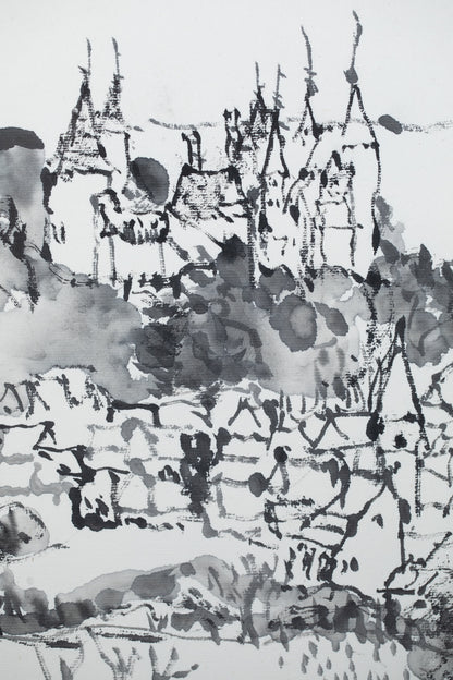 alt="Close-up detail of Shiro no Aru Oka (The Hill with a Castle) painting showing the winding road, castle, and village rendered in ink by Tatsuo Takayama in Nihonga style"
