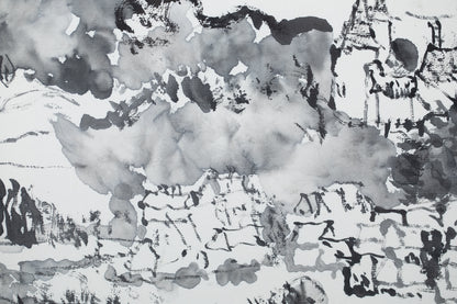 alt="Close-up detail of Shiro no Aru Oka (The Hill with a Castle) painting showing the winding road, castle, and village rendered in ink by Tatsuo Takayama in Nihonga style"
