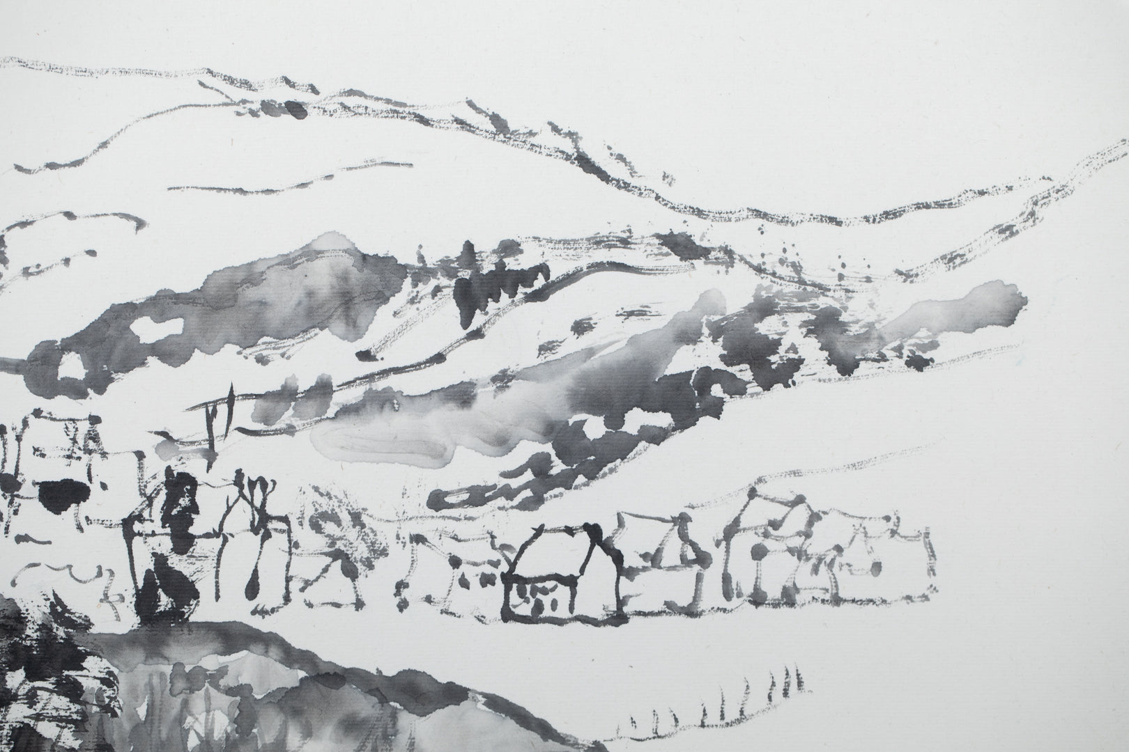 alt="Close-up detail of Shiro no Aru Oka (The Hill with a Castle) painting showing the winding road, castle, and village rendered in ink by Tatsuo Takayama in Nihonga style"
