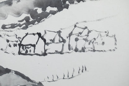 alt="Close-up detail of Shiro no Aru Oka (The Hill with a Castle) painting showing the winding road, castle, and village rendered in ink by Tatsuo Takayama in Nihonga style"
