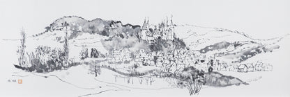 alt="Shiro no Aru Oka (The Hill with a Castle) ink painting with a winding road leading to a hilltop castle and village by Tatsuo Takayama in Nihonga style"
