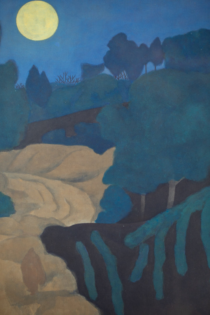 alt="Close-up detail of Tsuki painting showing the illuminated trees and winding path under the full moon by Tatsuo Takayama in Nihonga style"
