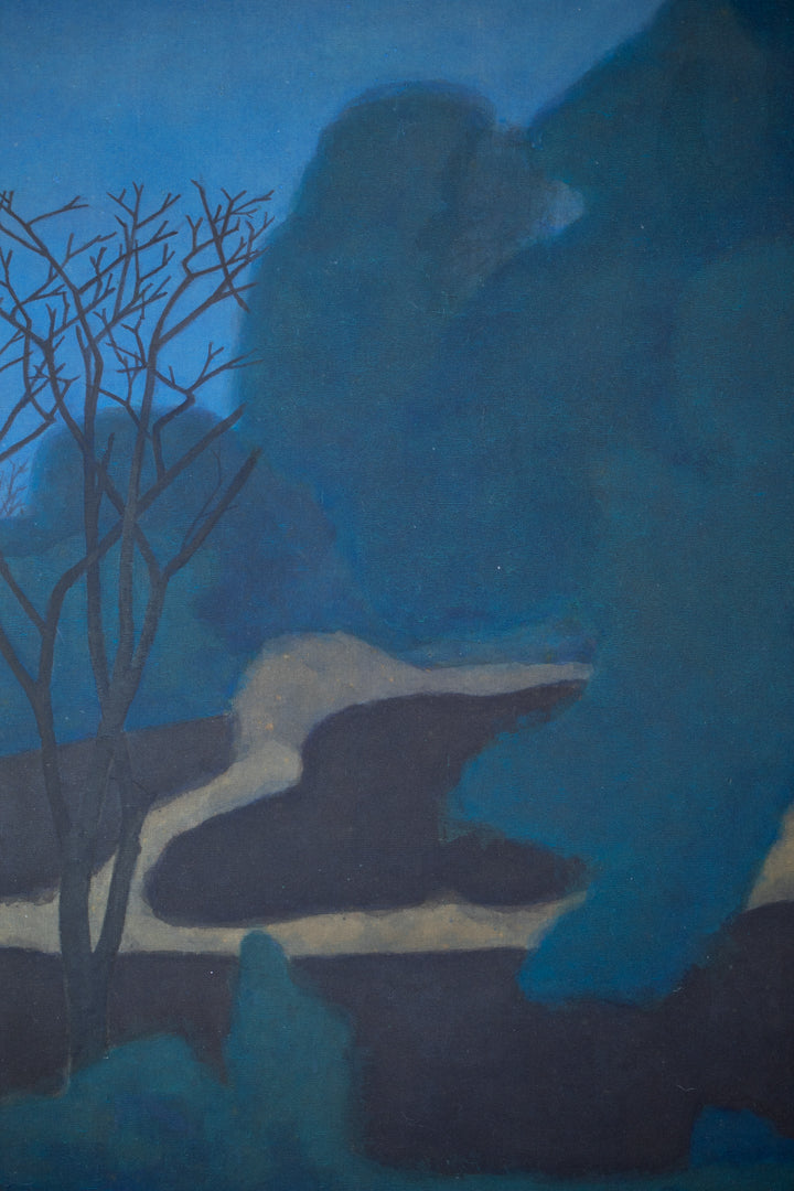 alt="Close-up detail of Tsuki painting showing the illuminated trees and winding path under the full moon by Tatsuo Takayama in Nihonga style"
