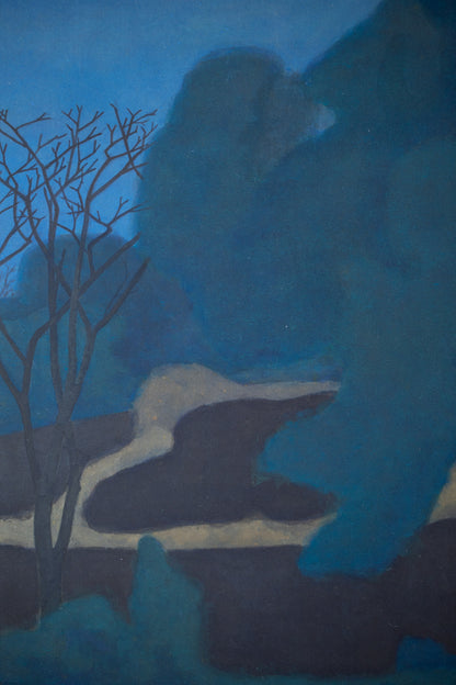 alt="Close-up detail of Tsuki painting showing the illuminated trees and winding path under the full moon by Tatsuo Takayama in Nihonga style"

