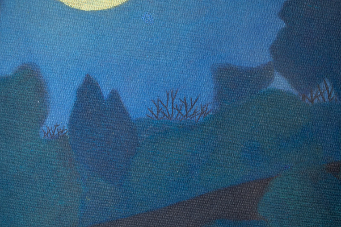 alt="Close-up detail of Tsuki painting showing the illuminated trees and winding path under the full moon by Tatsuo Takayama in Nihonga style"
