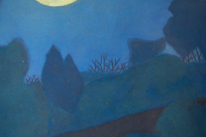 alt="Close-up detail of Tsuki painting showing the illuminated trees and winding path under the full moon by Tatsuo Takayama in Nihonga style"
