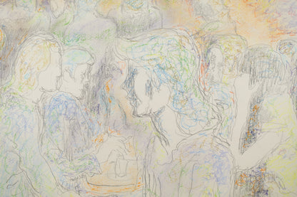 alt="Close-up detail of Yasumijikan (The Recess – Drawing) showing loosely defined pencil lines and the atmosphere of women in conversation by Tatsuo Takayama"
