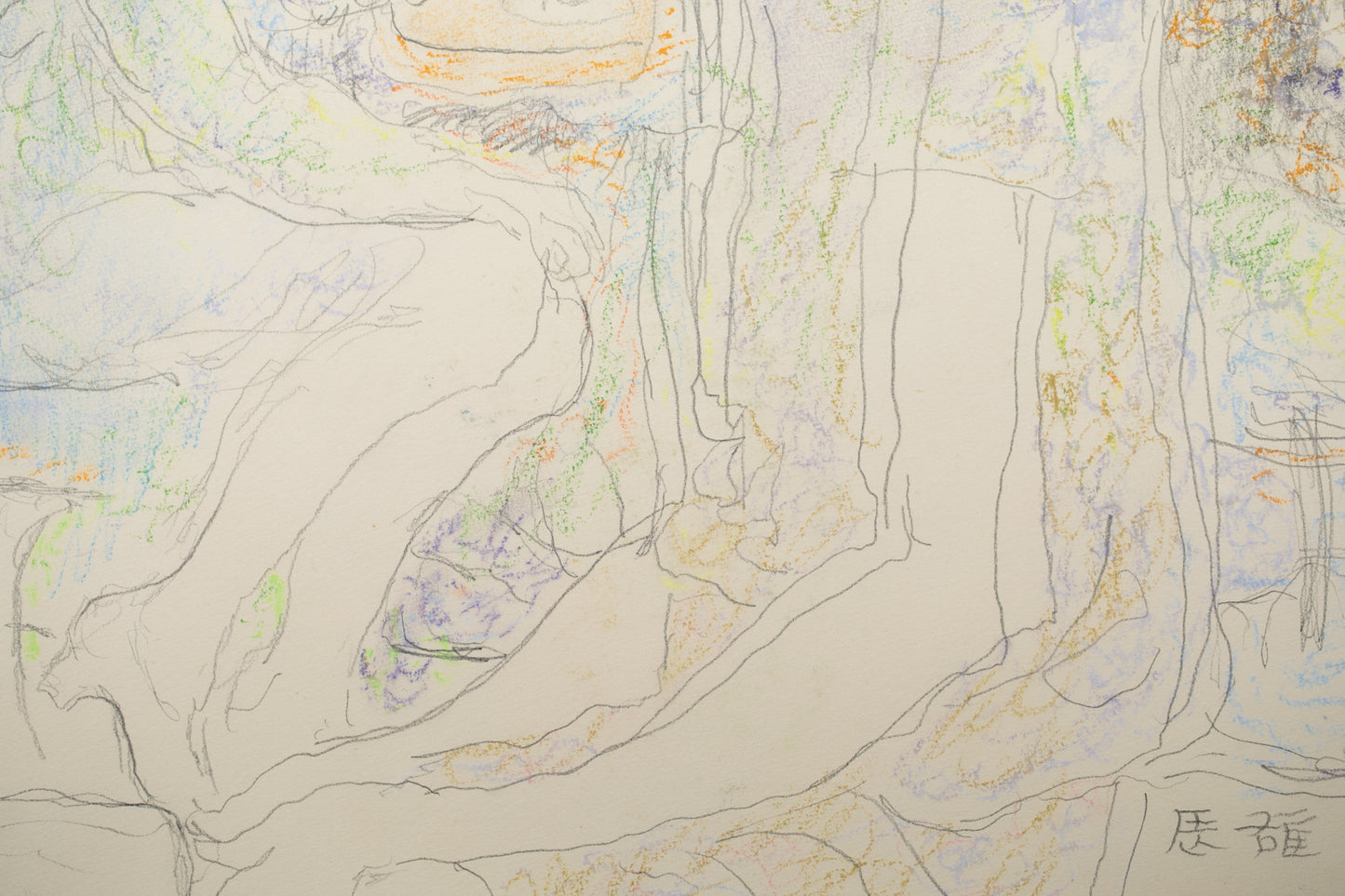 alt="Close-up detail of Yasumijikan (The Recess – Drawing) showing loosely defined pencil lines and the atmosphere of women in conversation by Tatsuo Takayama"
