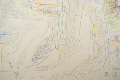 alt="Close-up detail of Yasumijikan (The Recess – Drawing) showing loosely defined pencil lines and the atmosphere of women in conversation by Tatsuo Takayama"
