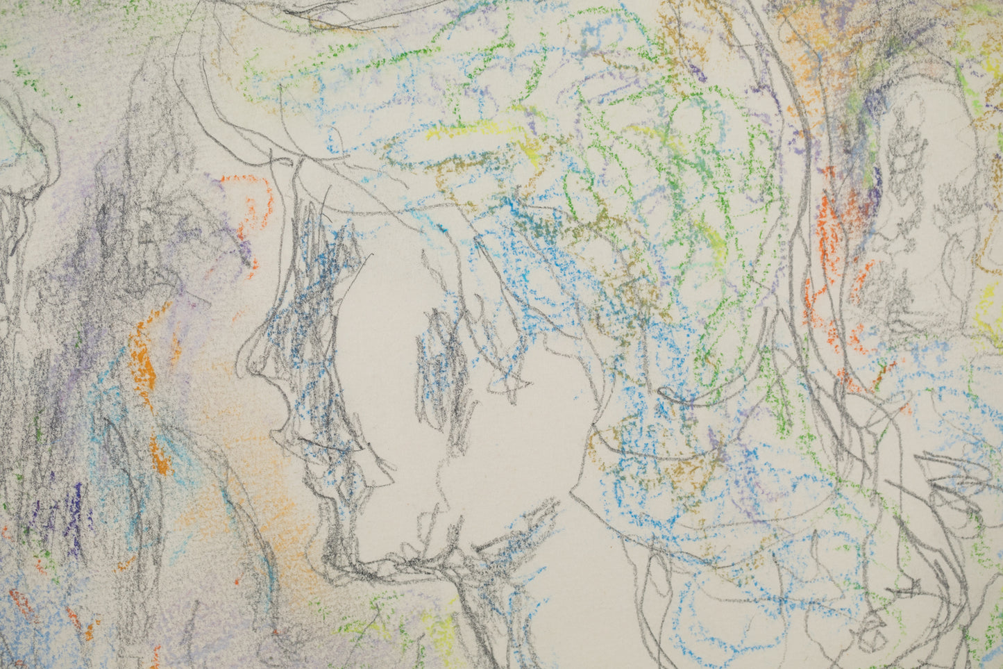 alt="Close-up detail of Yasumijikan (The Recess – Drawing) showing loosely defined pencil lines and the atmosphere of women in conversation by Tatsuo Takayama"
