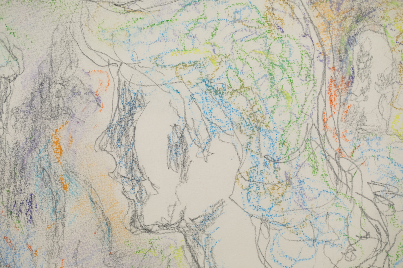 alt="Close-up detail of Yasumijikan (The Recess – Drawing) showing loosely defined pencil lines and the atmosphere of women in conversation by Tatsuo Takayama"
