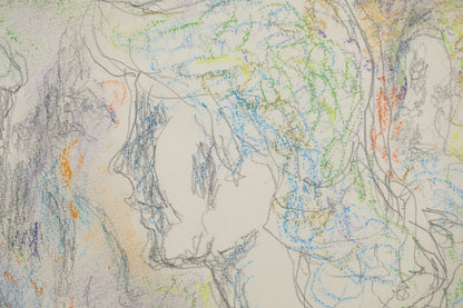 alt="Close-up detail of Yasumijikan (The Recess – Drawing) showing loosely defined pencil lines and the atmosphere of women in conversation by Tatsuo Takayama"
