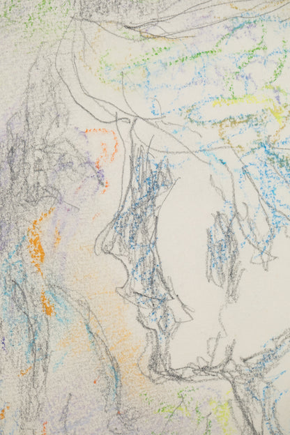 alt="Close-up detail of Yasumijikan (The Recess – Drawing) showing loosely defined pencil lines and the atmosphere of women in conversation by Tatsuo Takayama"
