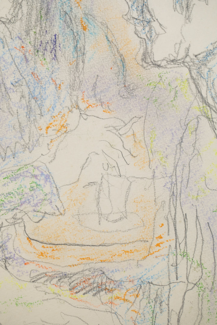alt="Close-up detail of Yasumijikan (The Recess – Drawing) showing loosely defined pencil lines and the atmosphere of women in conversation by Tatsuo Takayama"
