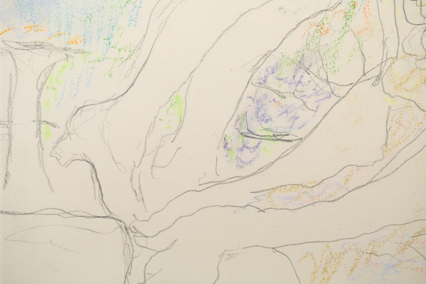 alt="Close-up detail of Yasumijikan (The Recess – Drawing) showing loosely defined pencil lines and the atmosphere of women in conversation by Tatsuo Takayama"
