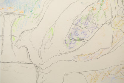 alt="Close-up detail of Yasumijikan (The Recess – Drawing) showing loosely defined pencil lines and the atmosphere of women in conversation by Tatsuo Takayama"
