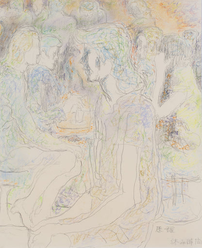 alt="Yasumijikan (The Recess – Drawing) pencil sketch depicting women conversing in a café setting by Tatsuo Takayama"
