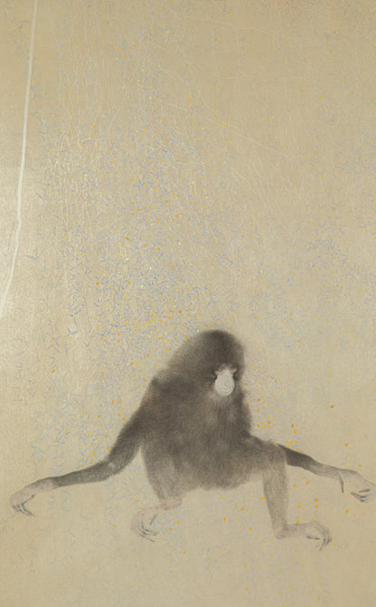 alt="Gen painting with a dark gibbon by Koichi Takeuchi in Nihonga style"

