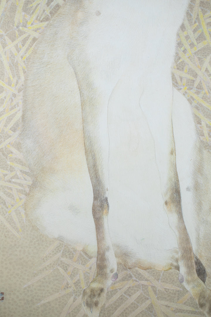 alt="Close-up detail of The Silver Night painting showing the silver fox and surrounding plants by Koichi Takeuchi in Nihonga style"
