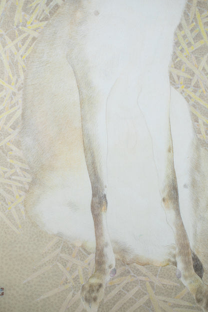 alt="Close-up detail of The Silver Night painting showing the silver fox and surrounding plants by Koichi Takeuchi in Nihonga style"
