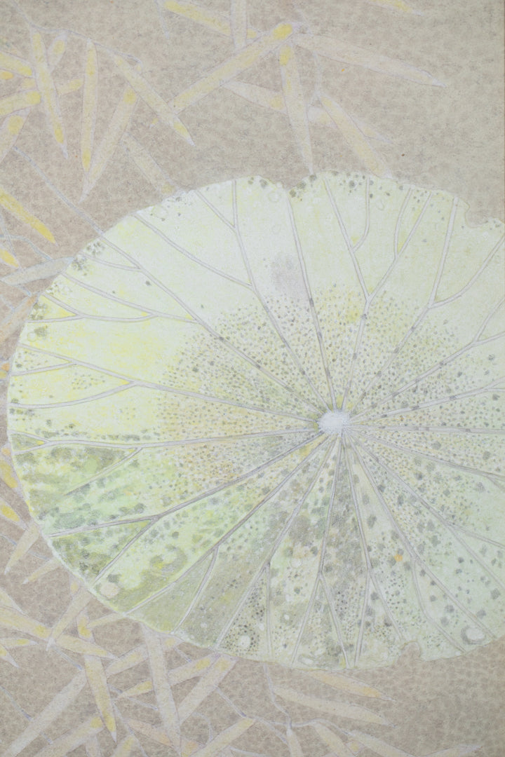 alt="Close-up detail of The Silver Night painting showing the silver fox and surrounding plants by Koichi Takeuchi in Nihonga style"
