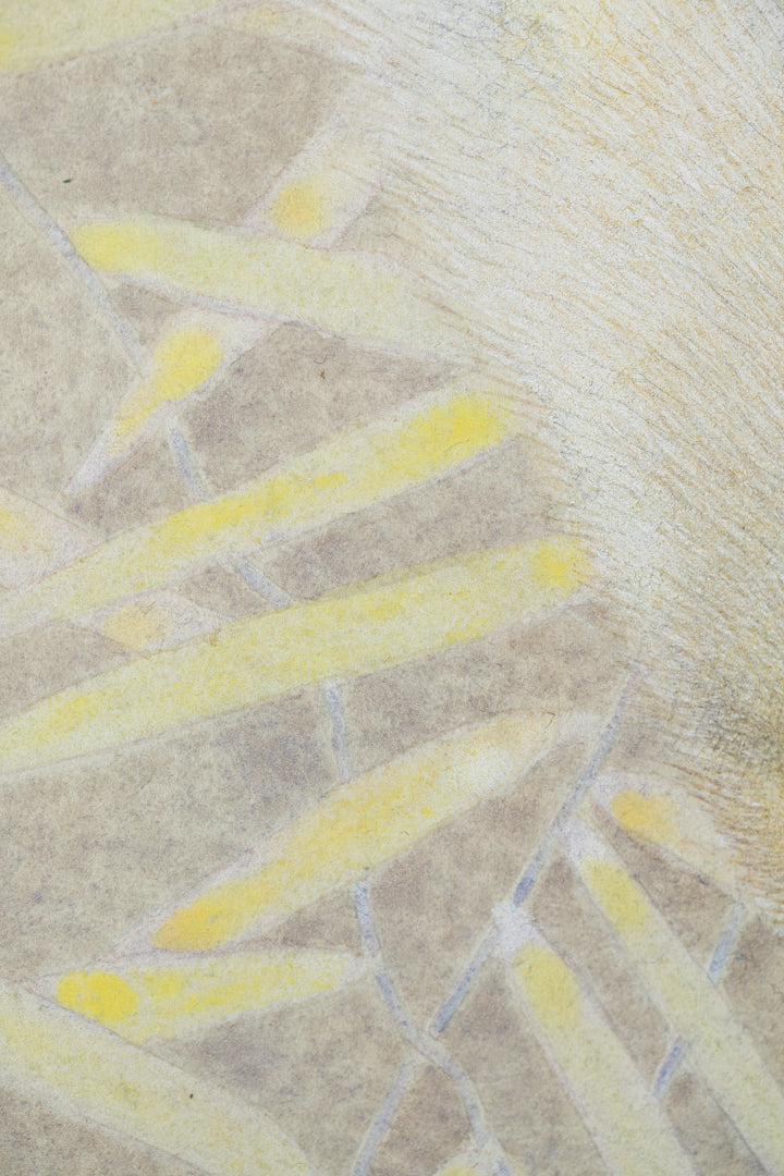 alt="Close-up detail of The Silver Night painting showing the silver fox and surrounding plants by Koichi Takeuchi in Nihonga style"
