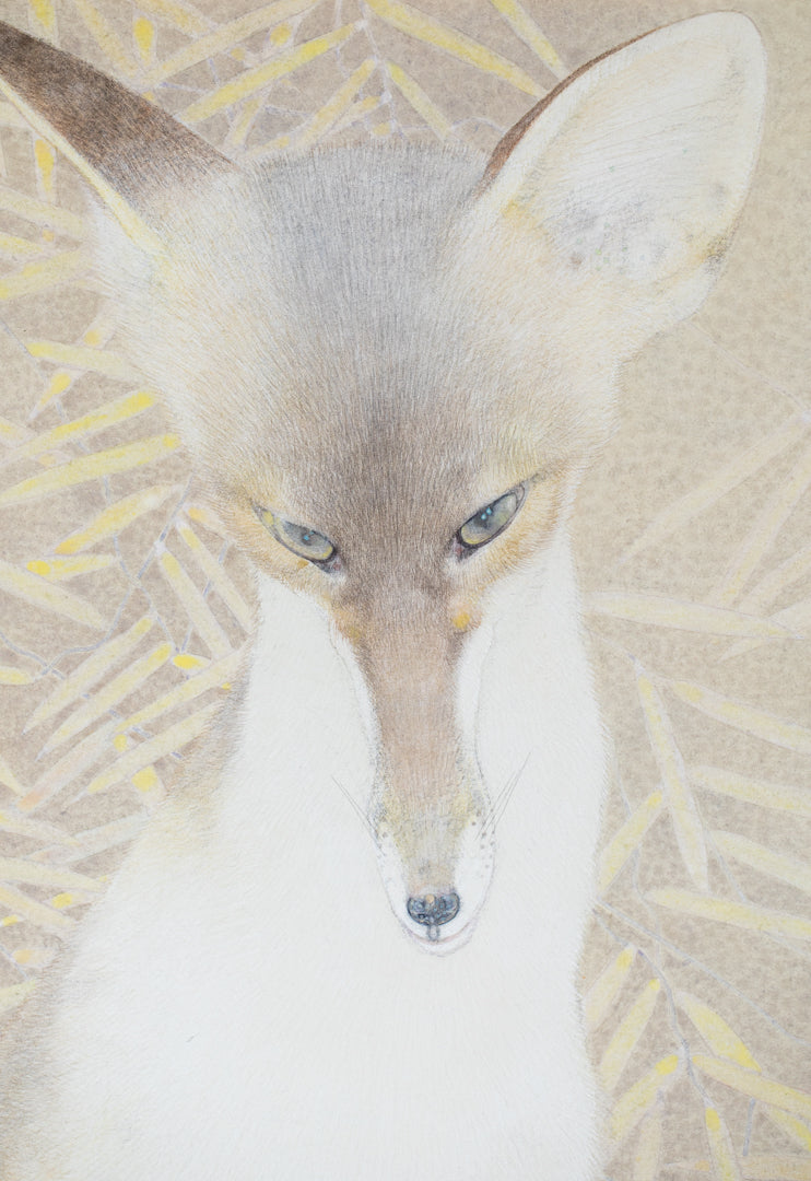 alt="Close-up detail of The Silver Night painting showing the silver fox and surrounding plants by Koichi Takeuchi in Nihonga style"
