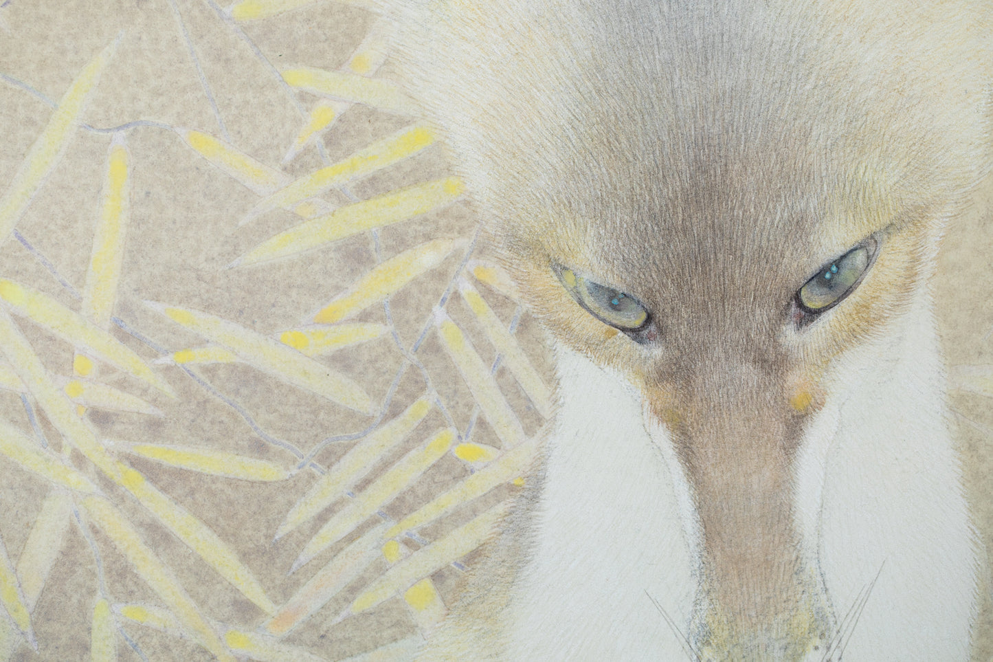 alt="Close-up detail of The Silver Night painting showing the silver fox and surrounding plants by Koichi Takeuchi in Nihonga style"
