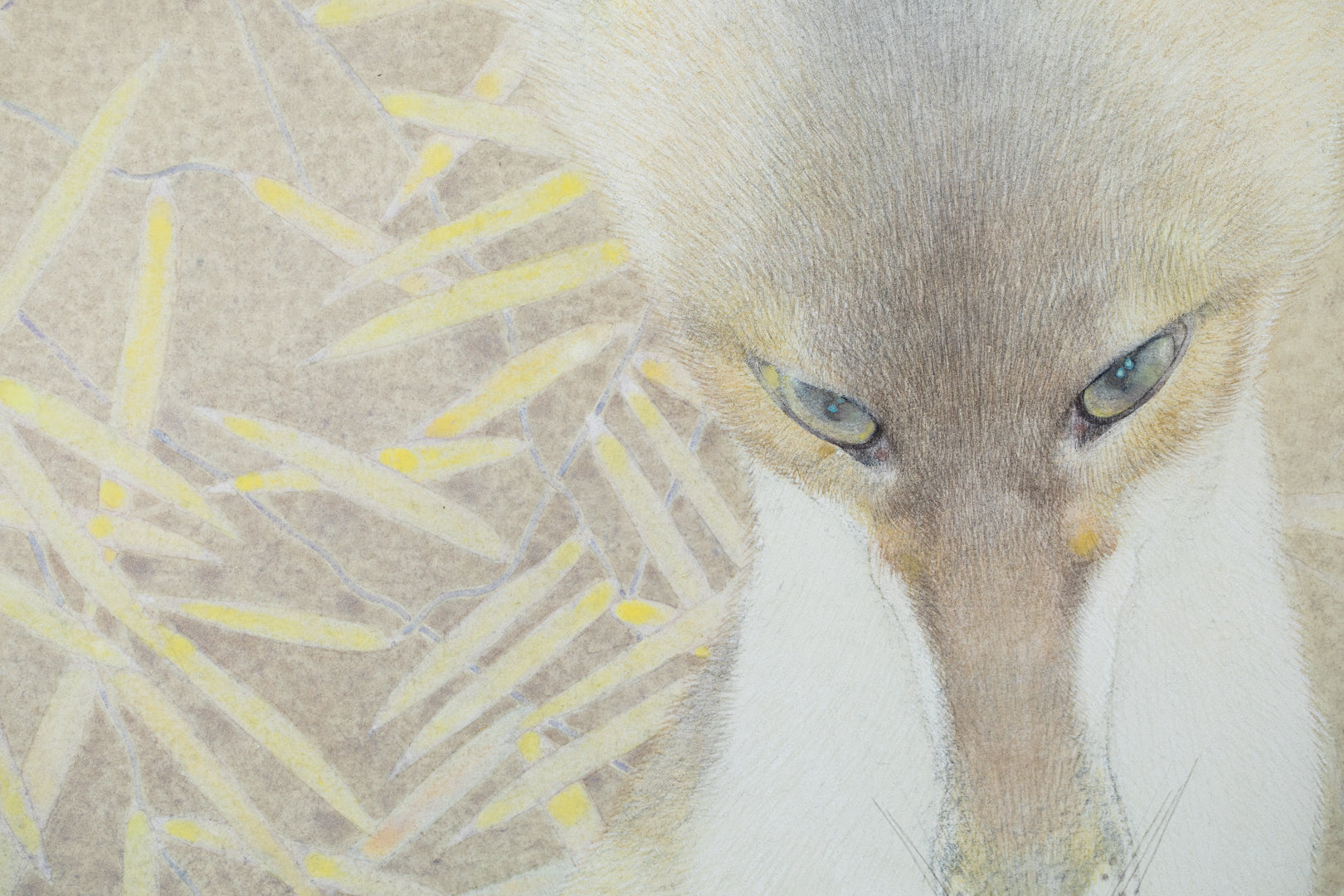 alt="Close-up detail of The Silver Night painting showing the silver fox and surrounding plants by Koichi Takeuchi in Nihonga style"
