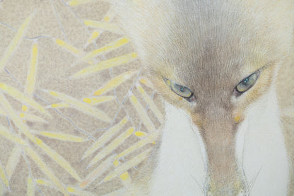 alt="Close-up detail of The Silver Night painting showing the silver fox and surrounding plants by Koichi Takeuchi in Nihonga style"
