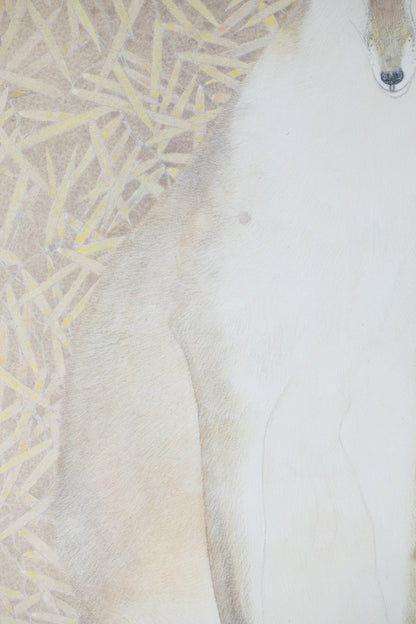 alt="Close-up detail of The Silver Night painting showing the silver fox and surrounding plants by Koichi Takeuchi in Nihonga style"
