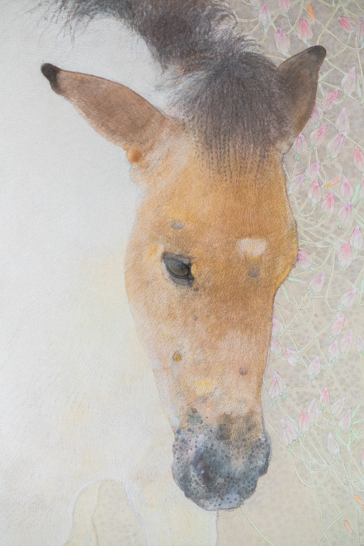 alt="Close-up detail of Ko painting showing the young foal and blossoms by Koichi Takeuchi in Nihonga style"
